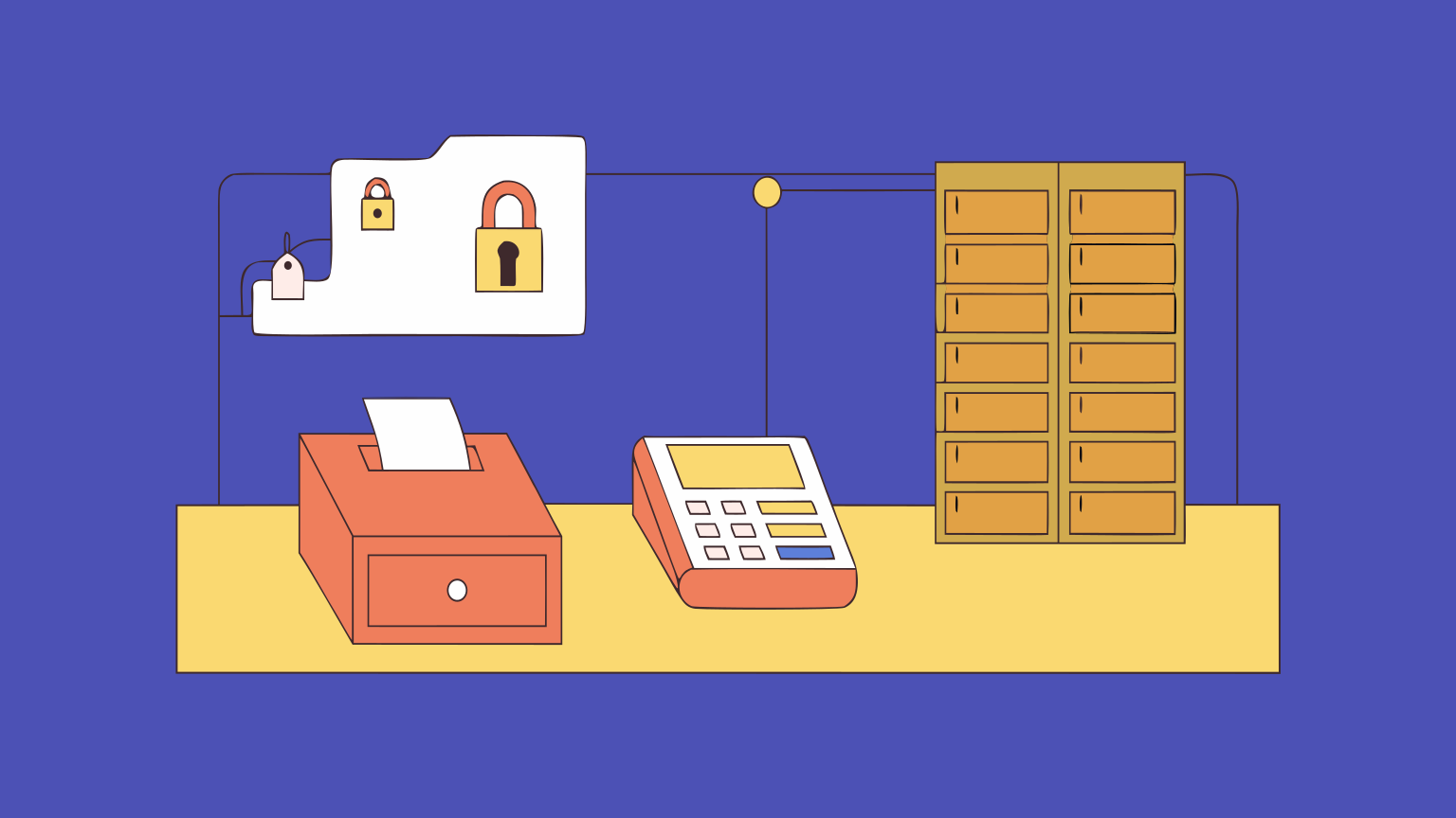 Simple network diagram of a small business payment environment with a payment terminal, server, and cardholder data protection controls