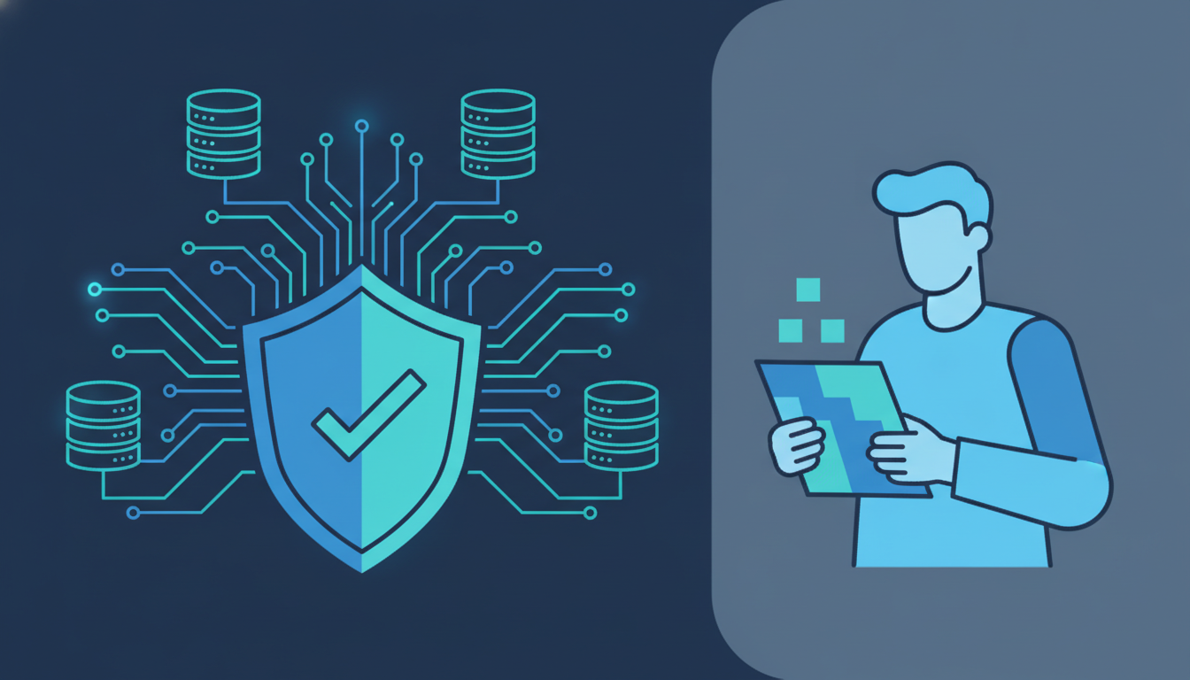 A proof of work cybersecurity audit relies on physical evidence: an auditor reviews a shield-protected network with a verification ledger