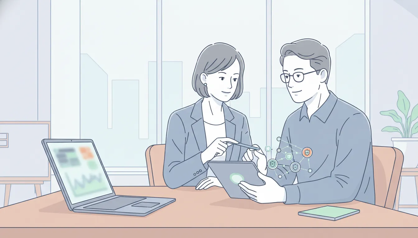 Small business owner and an IT security consultant reviewing network security strategy together in a bright modern office